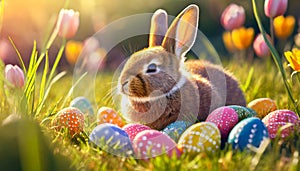 Brown rabbit in the middle of colorful Easter eggs in the grass