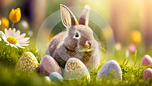 Brown rabbit in the middle of colorful Easter eggs in the grass