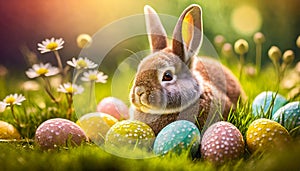 Brown rabbit in the middle of colorful Easter eggs in the grass