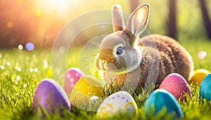 Brown rabbit in the middle of colorful Easter eggs in the grass