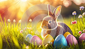 Brown rabbit in the middle of colorful Easter eggs in the grass