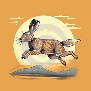 Brown rabbit running across an orange sky. The rabbit appears to be in motion as it leaps through air. It\'s positioned