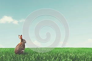 a brown rabbit is sitting in the grass in a field