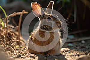 a brown rabbit sitting on the ground