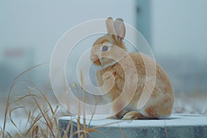 Brown Rabbit Sitting on Top of a Cement Slab. Generative AI