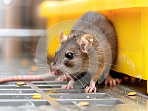 A brown rat is standing in front of a yellow container