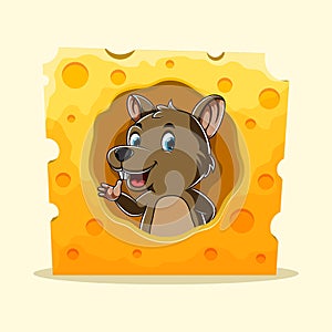 The brown rat standing from the hole cheese with the big smile