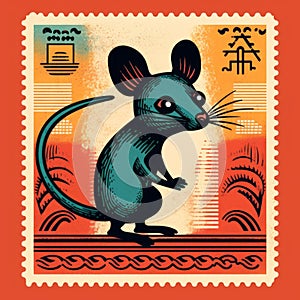 Chinese Zodiac Rat Postage Stamp With Intricate Border Design And Kolsch Illustration photo