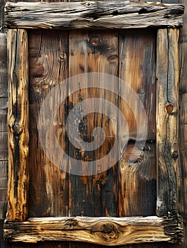 Brown rectangle door in hardwood plank frame. Wood stain art on building trunk