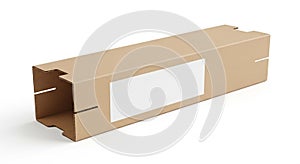 Brown rectangular cardboard box with a white label on one side, designed for easy