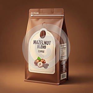 Packaging features an illustration of hazelnuts and coffee beans,