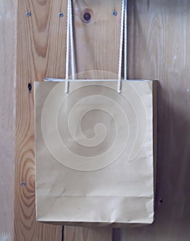 Brown recycled paper shopping bag . eco friendly packaging . no plastic bag