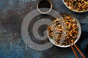 Brown rice noodles , beef, mushrooms and scallions plate on dark stone background