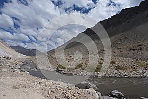 Brown river running through the Valle de Colina, Andes mountain range, Chile, South America photo