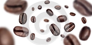 Brown roasted coffee beans flying on background
