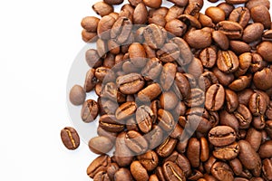 Brown roasted coffee beans seed on white background