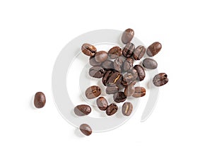 Brown roasted coffee beans seeds. Isolated of coffee bean on white background. Close up image