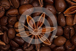 Brown roasted coffee beans and star anise macro