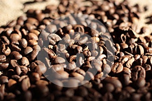 Brown roasted coffee beans are scattered on the burlap macro