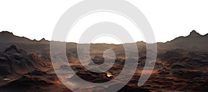 brown rocky mars surface. alien planet landscape. science fiction fantasy terrain. Transparent PNG background. foggy, misty.