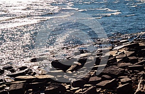 Brown rocky shore and water reflecting sunlight.