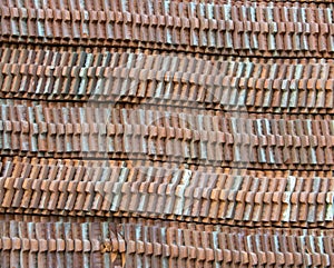 Brown roof tiles lined up in a long line