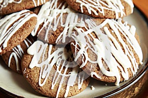 Brown Round Christmas Gingerbread cookies drizzled with White Ch