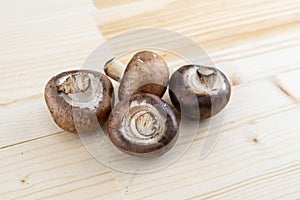 Brown royal champignon edible mushroom on light wooden background