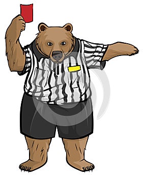 Brown russian bear soccer football referee shows red card