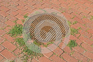 Brown rusty sewer hatch on paving slabs