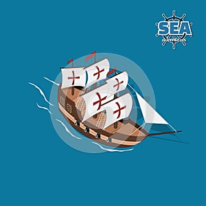 Brown sailer on a blue background. Sailboat in isometric style. 3d illustration of ancient ship. Pirate game photo