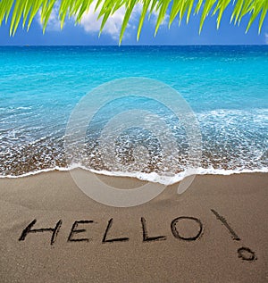 Brown sand beach with written word Hello