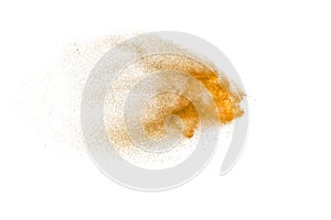 Brown sand explosion isolated on white background. Abstract sand cloud backdrop