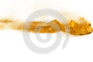 Brown sand explosion isolated on white background. Abstract sand cloud backdrop