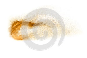 Brown sand explosion isolated on white background. Abstract sand cloud backdrop