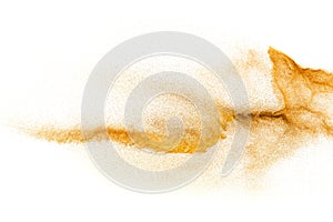 Brown sand explosion isolated on white background. Abstract sand cloud backdrop