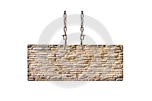 Brown sand stone brick sign frame with old steel chain hanging isolated on white background , clipping path