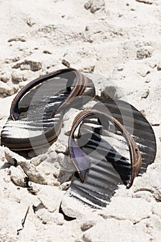 Brown sandals in the sand on the beach