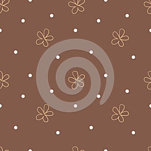 Brown seamless background with beige flowers and white dots. Cute floral pattern. Vector