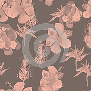 Brown Seamless Hibiscus. Coral Pattern Design. Gray Tropical Texture. Pink Flower Hibiscus. Black Watercolor Plant.