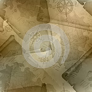 Brown seamless texture of old map of Treasure Island with a compass and manuscripts