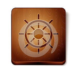 Brown Ship steering wheel icon isolated on white background. Wooden square button. Vector