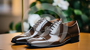 Brown Shoes on Wooden Table