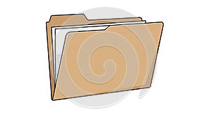 Brown file folder with white papers inside on a white background