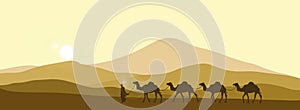 The brown silhouette of the caravan in the desert