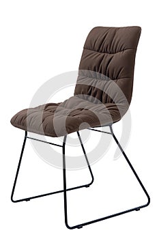 Brown single office chair covered with a soft cloth. Modern chair without armrest isolated on white background, front