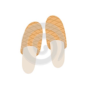 Brown slippers flat vector illustration. Pair of cozy home shoes with pattern design. Domestic footwear isolated on