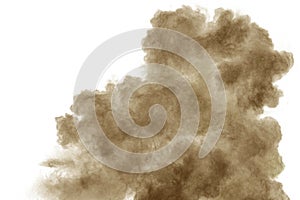 Brown smoke on white background. Brown dust particle exhale in the air