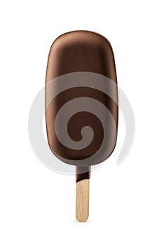 Brown smooth chocolate coated popsicle on a wooden stick handle isolated on white