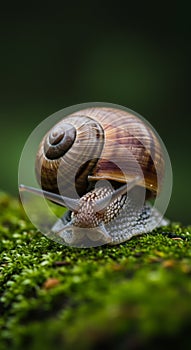 Brown Snail on Green Moss Macro Photography